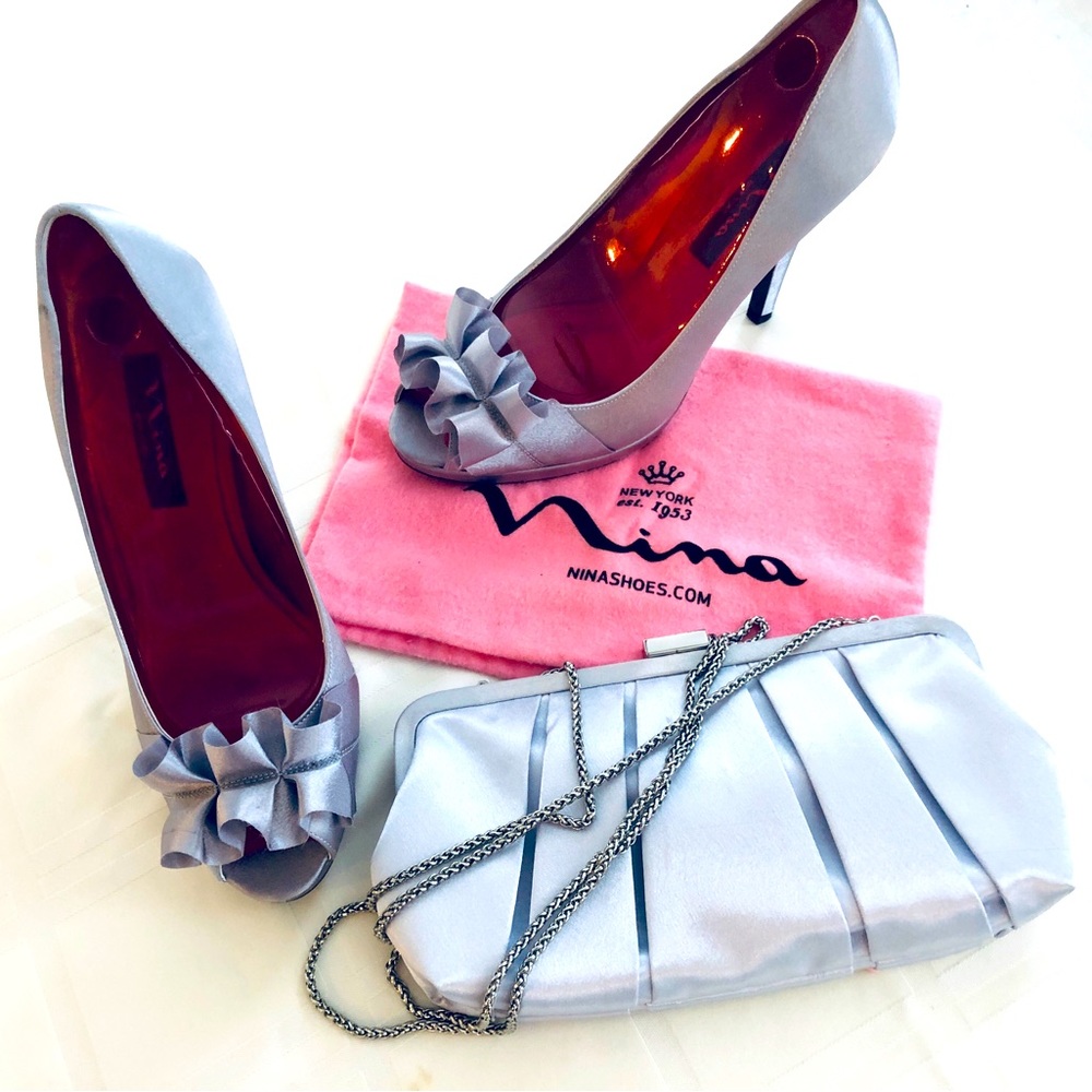 Nina Silver Satin Dress Shoes and Matching Purse.